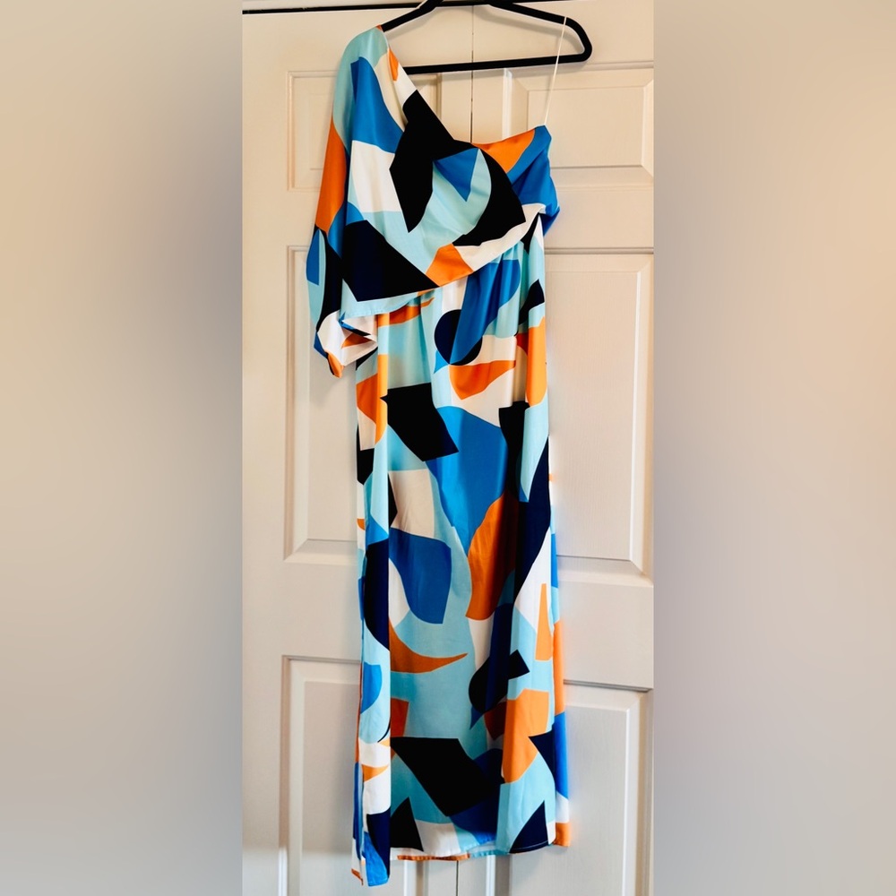 TCEC Multicolor Abstract Print Maxi Dress - Blue, Orange, Black, White